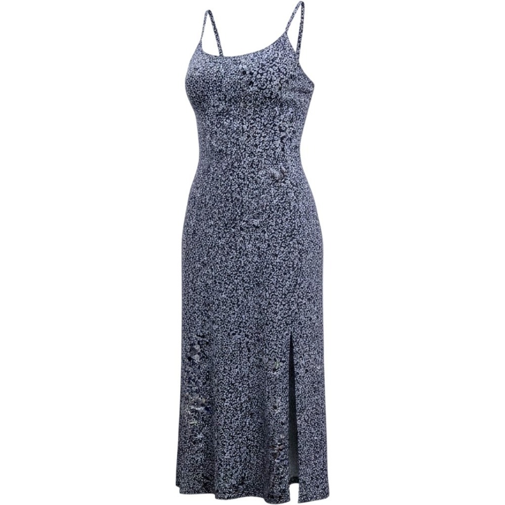 Old Navy Side Slit Dress Womens L Smocked Back Ditsy Print Sleeveless Maxi Blue